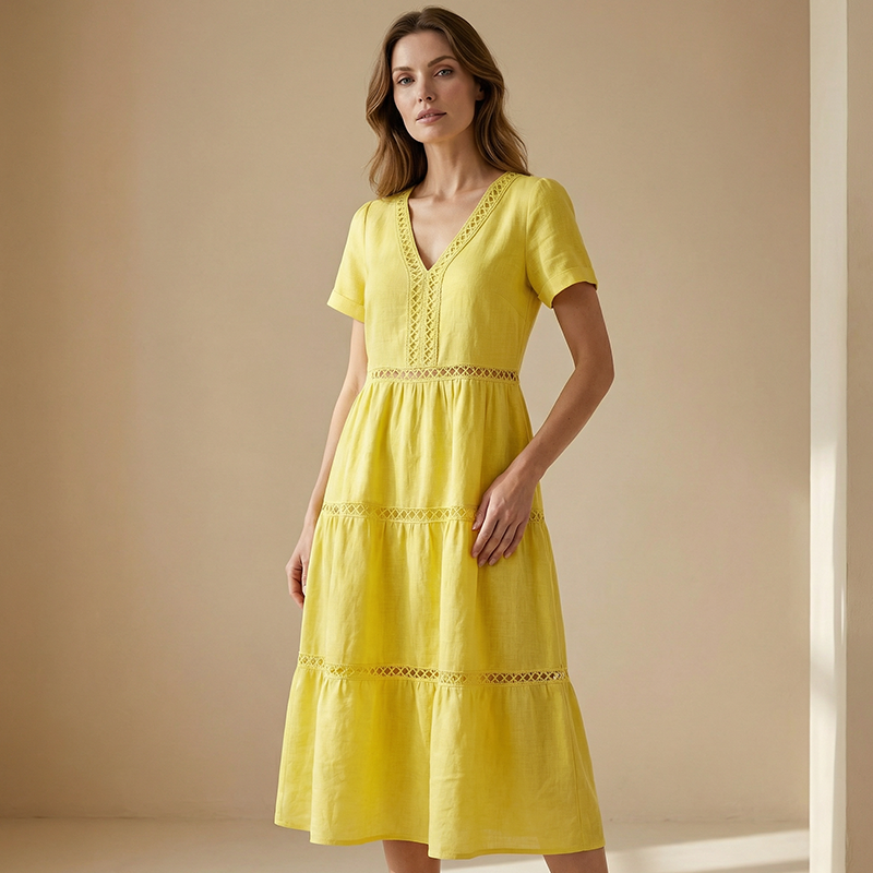 🌸👗✨ Elegantes Damenkleid mit V-Ausschnitt & Spitzeneinsätzen – feminin, edel, perfekt für besondere Anlässe. 🕊️