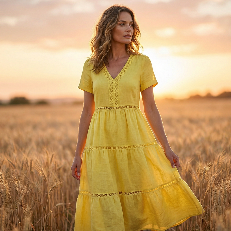 🌸👗✨ Elegantes Damenkleid mit V-Ausschnitt & Spitzeneinsätzen – feminin, edel, perfekt für besondere Anlässe. 🕊️