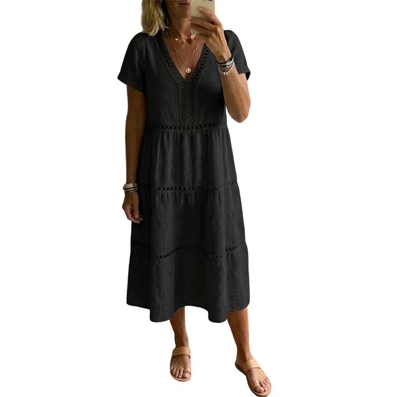 🌸👗✨ Elegantes Damenkleid mit V-Ausschnitt & Spitzeneinsätzen – feminin, edel, perfekt für besondere Anlässe. 🕊️