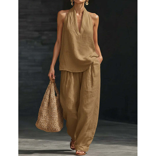 👚49% RABATT! 🔥 Zweiteiliges Damen-Set mit Neckholder-Ausschnitt – Fließender Stoff, Leichte Passform &amp; Perfekt Für Einen Eleganter Sommerlook 💃