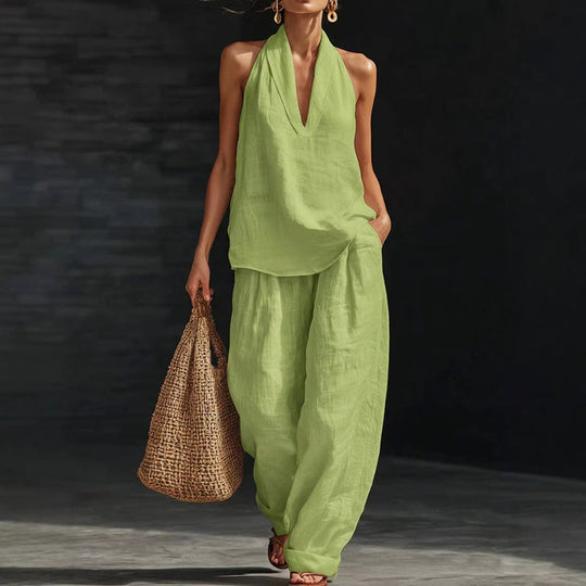 👚49% RABATT! 🔥 Zweiteiliges Damen-Set mit Neckholder-Ausschnitt – Fließender Stoff, Leichte Passform &amp; Perfekt Für Einen Eleganter Sommerlook 💃