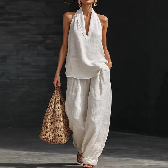 👚49% RABATT! 🔥 Zweiteiliges Damen-Set mit Neckholder-Ausschnitt – Fließender Stoff, Leichte Passform &amp; Perfekt Für Einen Eleganter Sommerlook 💃