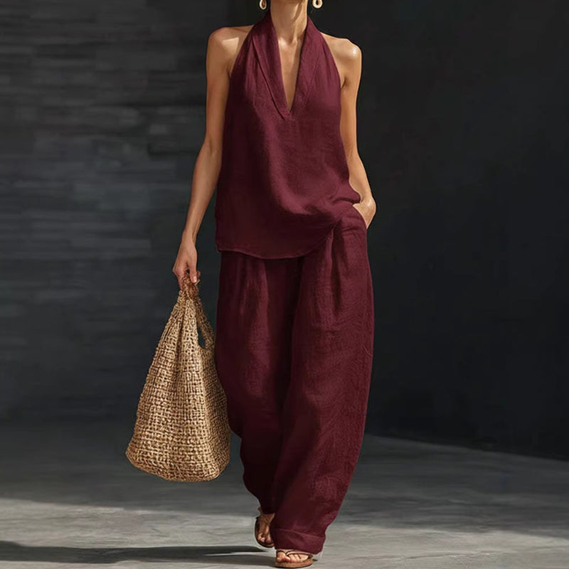 👚49% RABATT! 🔥 Zweiteiliges Damen-Set mit Neckholder-Ausschnitt – Fließender Stoff, Leichte Passform &amp; Perfekt Für Einen Eleganter Sommerlook 💃