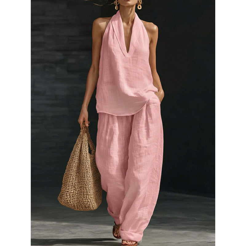 👚49% RABATT! 🔥 Zweiteiliges Damen-Set mit Neckholder-Ausschnitt – Fließender Stoff, Leichte Passform &amp; Perfekt Für Einen Eleganter Sommerlook 💃