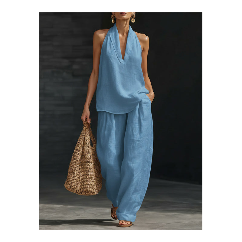👚49% RABATT! 🔥 Zweiteiliges Damen-Set mit Neckholder-Ausschnitt – Fließender Stoff, Leichte Passform &amp; Perfekt Für Einen Eleganter Sommerlook 💃