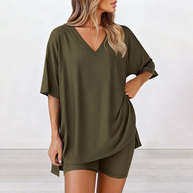 📢HOT SALE 50% OFF !! ⏰Women’s Summer Loungewear Set – Oversized V-Neck Top &amp; Shorts 🌿☕