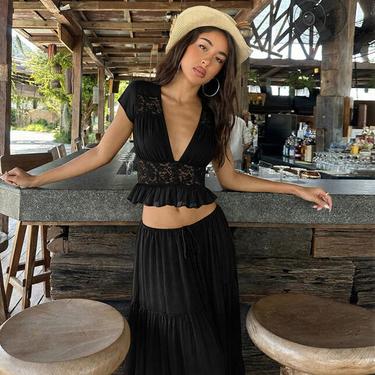 Elegant Lace V-Neck Top &amp; Maxi Skirt Set