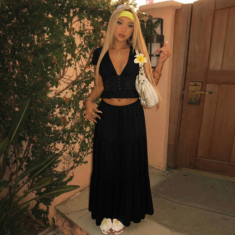Elegant Lace V-Neck Top &amp; Maxi Skirt Set