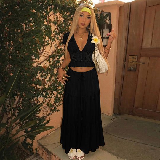 Elegant Lace V-Neck Top &amp; Maxi Skirt Set