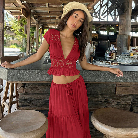 Elegant Lace V-Neck Top &amp; Maxi Skirt Set