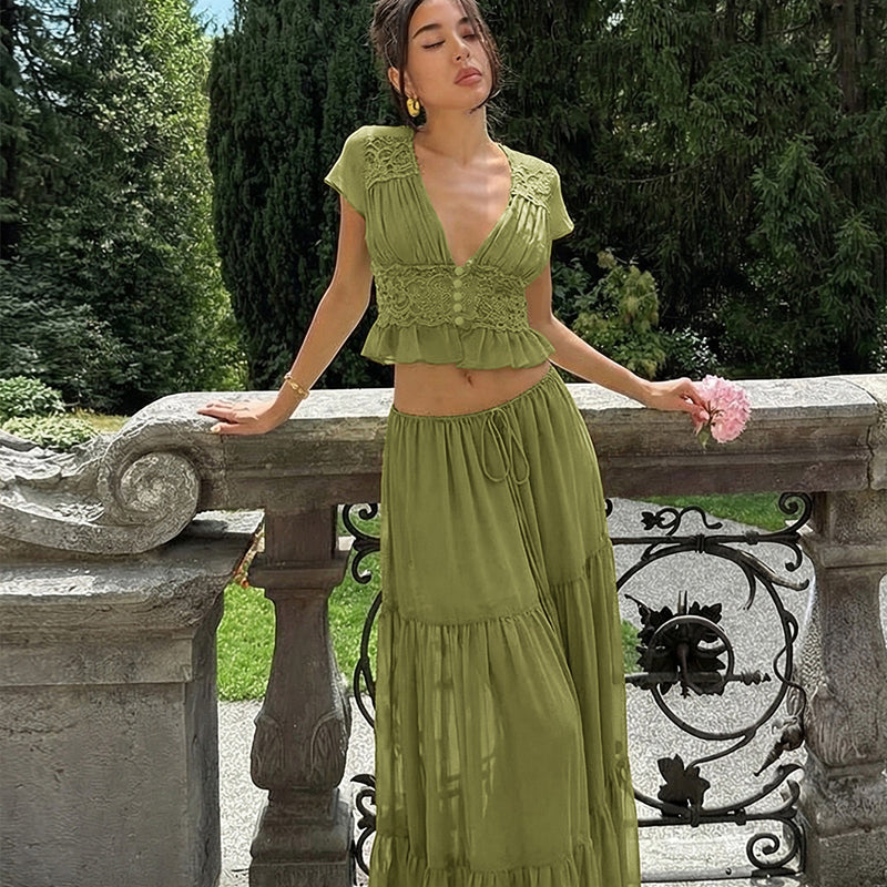 Elegant Lace V-Neck Top &amp; Maxi Skirt Set