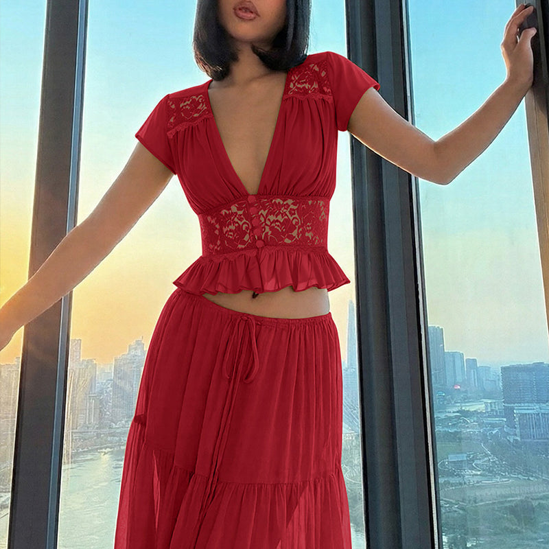 Elegant Lace V-Neck Top &amp; Maxi Skirt Set