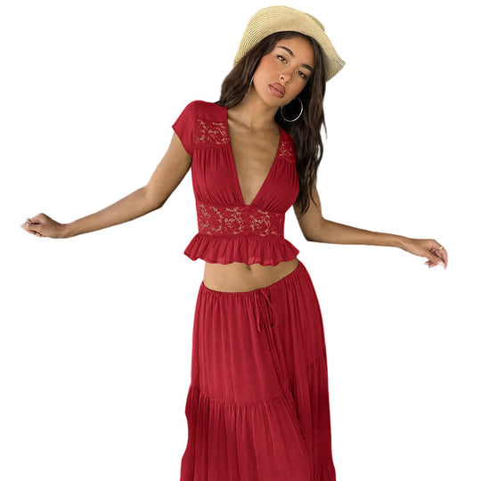 Elegant Lace V-Neck Top &amp; Maxi Skirt Set