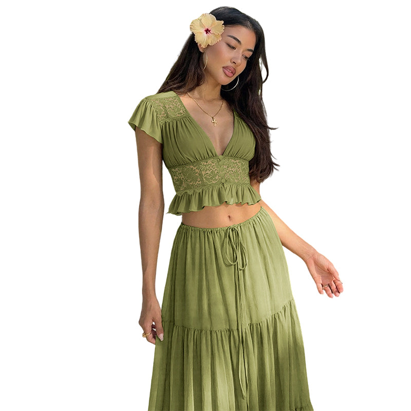 Elegant Lace V-Neck Top &amp; Maxi Skirt Set
