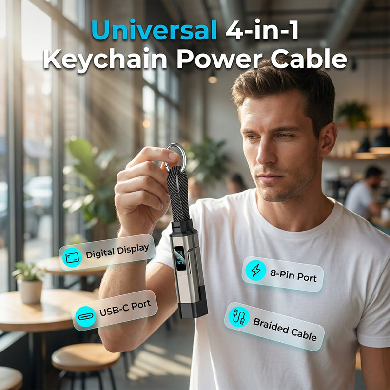 🚨 The Only Charging Cable You’ll Ever Need! 🔋4-in-1 Digital Display Keychain Charging Cable ⚡ Fast Charging, Portable &amp; Multi-Device Compatible