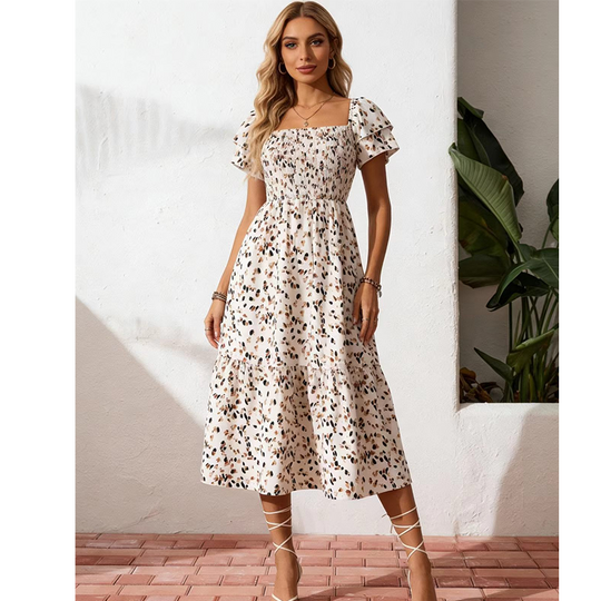 🌈2026 Summer Hot Sale 50% OFF!✨Square Neck Floral Midi Dress – Smocked Bodice, Flowy Tiered Skirt, Romantic 🌸