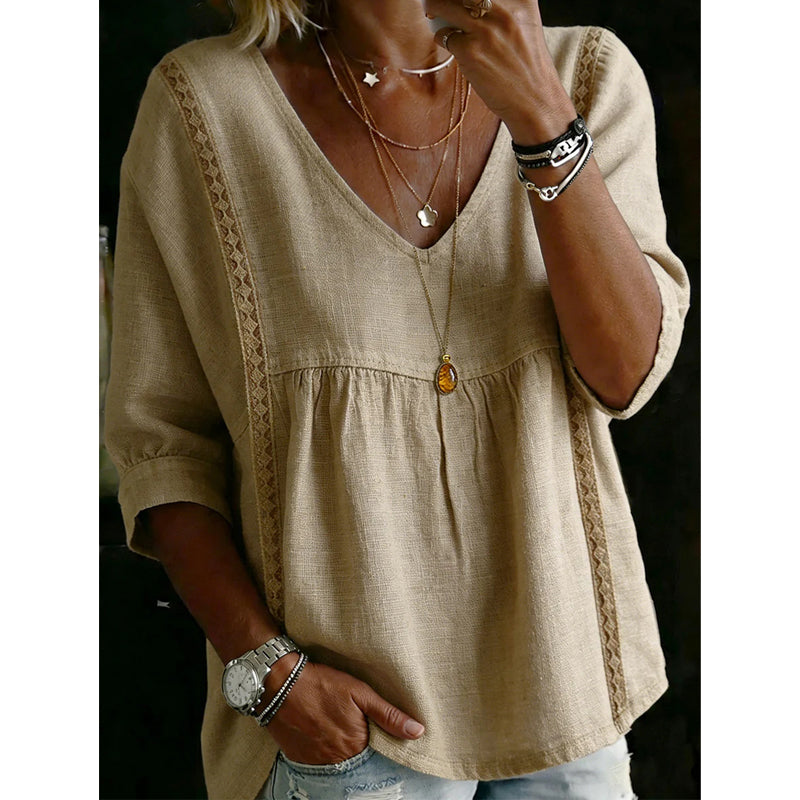 🌼 Women’s Casual V-Neck Lace Trim Top – Romantic Lace, Flowy Fit &amp; 3/4 Sleeve Elegance 💕