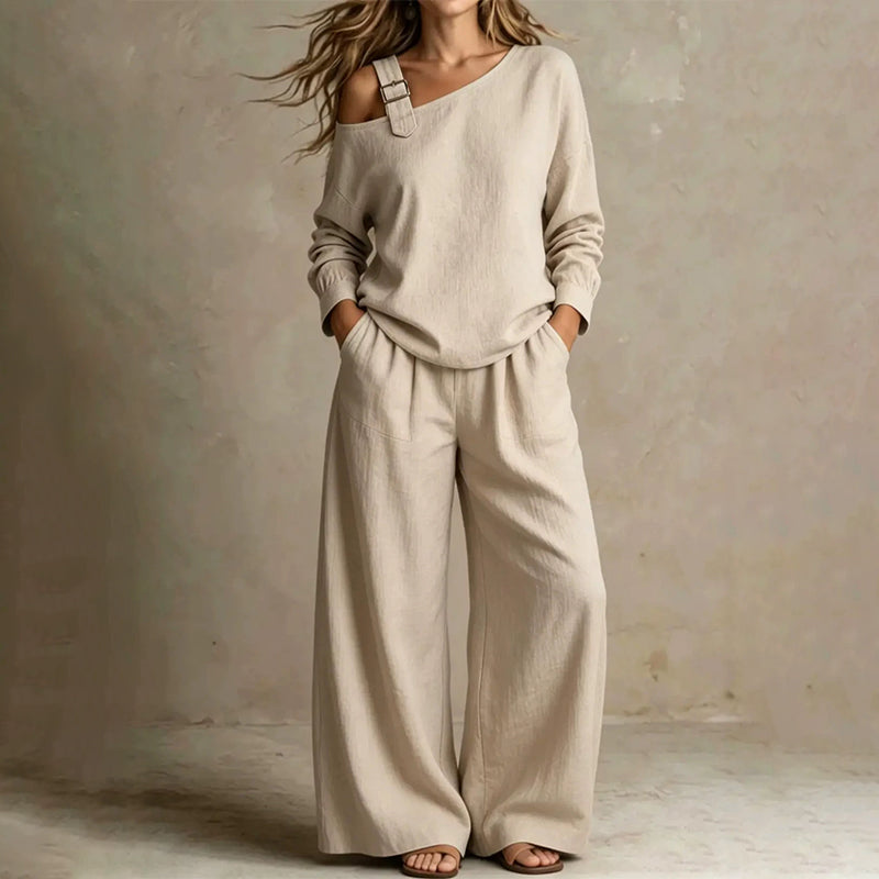 🔥Bestseller🔥 Off-shoulder Wide-leg Two-piece Set, Made Of Soft Blended Fabric, Creating An Elegant Dilhouette.