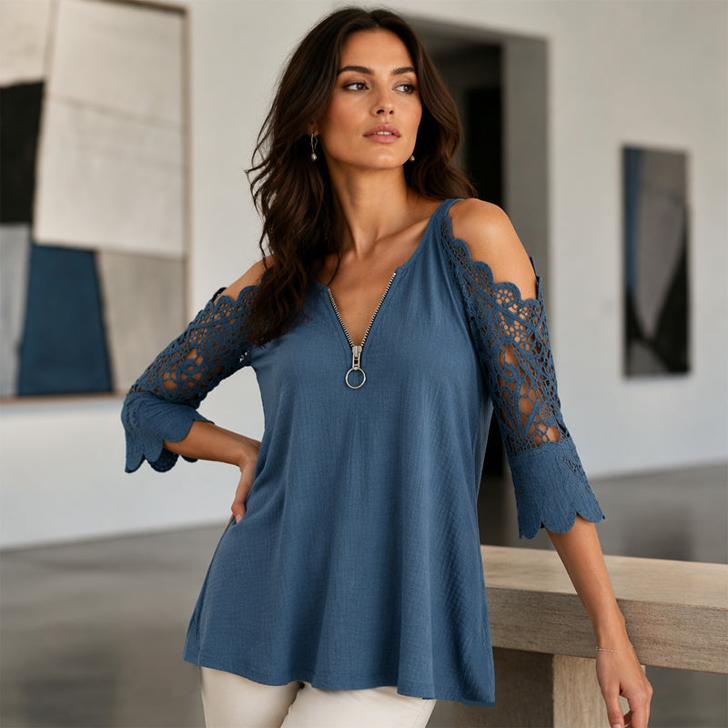Must-Have🔥 Lace Cold Shoulder Top with Zipper – Edgy Detail &amp; Breathable Fabric for Effortless Style ✨