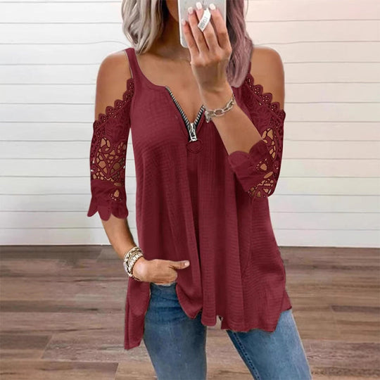 Must-Have🔥 Lace Cold Shoulder Top with Zipper – Edgy Detail &amp; Breathable Fabric for Effortless Style ✨