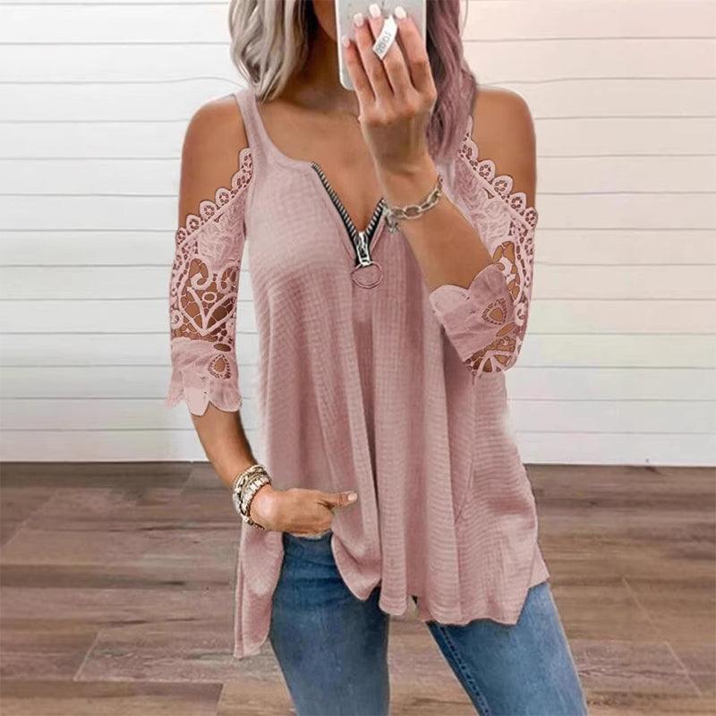 Must-Have🔥 Lace Cold Shoulder Top with Zipper – Edgy Detail &amp; Breathable Fabric for Effortless Style ✨
