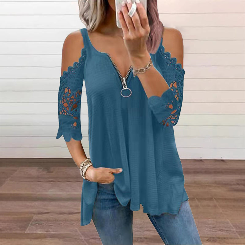 Must-Have🔥 Lace Cold Shoulder Top with Zipper – Edgy Detail &amp; Breathable Fabric for Effortless Style ✨
