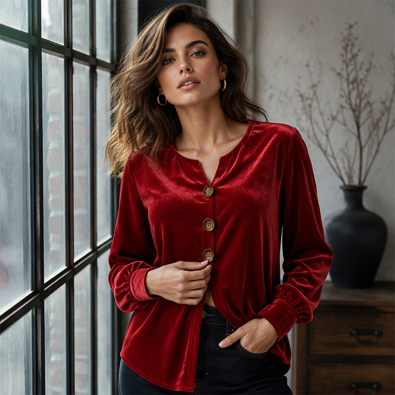 ✨🛍️Fresh Drop - Relaxed Velvet Blouse - Lightweight &amp; Neat Finish for Everyday Elegance