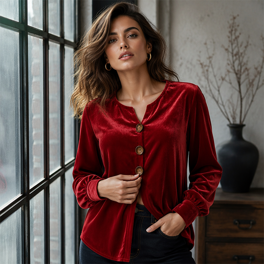 ✨🛍️Fresh Drop - Relaxed Velvet Blouse - Lightweight &amp; Neat Finish for Everyday Elegance