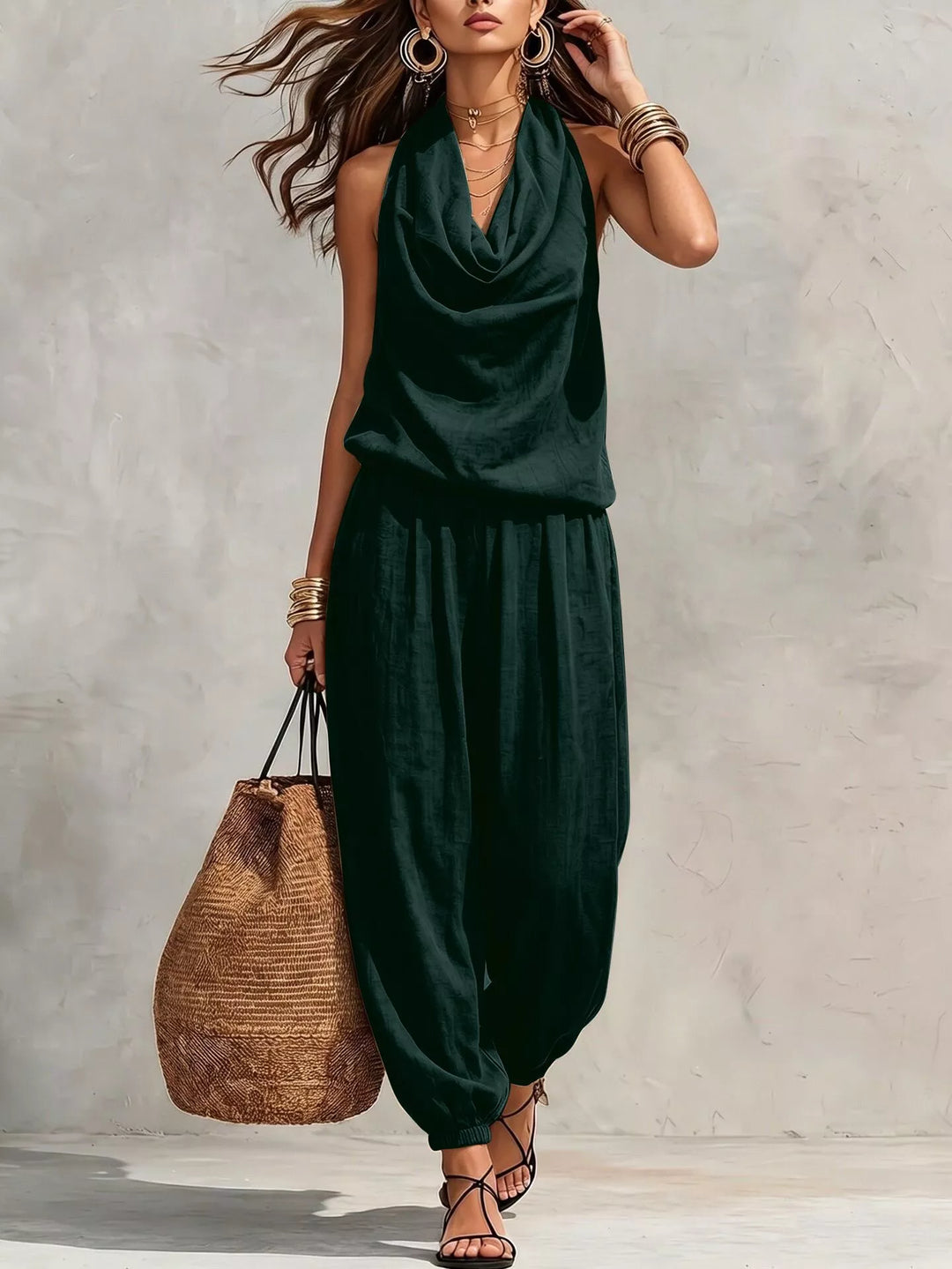 💃 2026 Sale — Over 33,000 Sold!🔥 Chic Draped Halter Neck Jumpsuit – Relaxed Wide-Leg Silhouette ✨