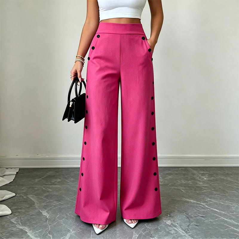 Trending Now⭐👖✨ High-Waisted Wide-Leg Pants with Side Buttons – Flattering Silhouette &amp; Unique Detail for Effortless Style