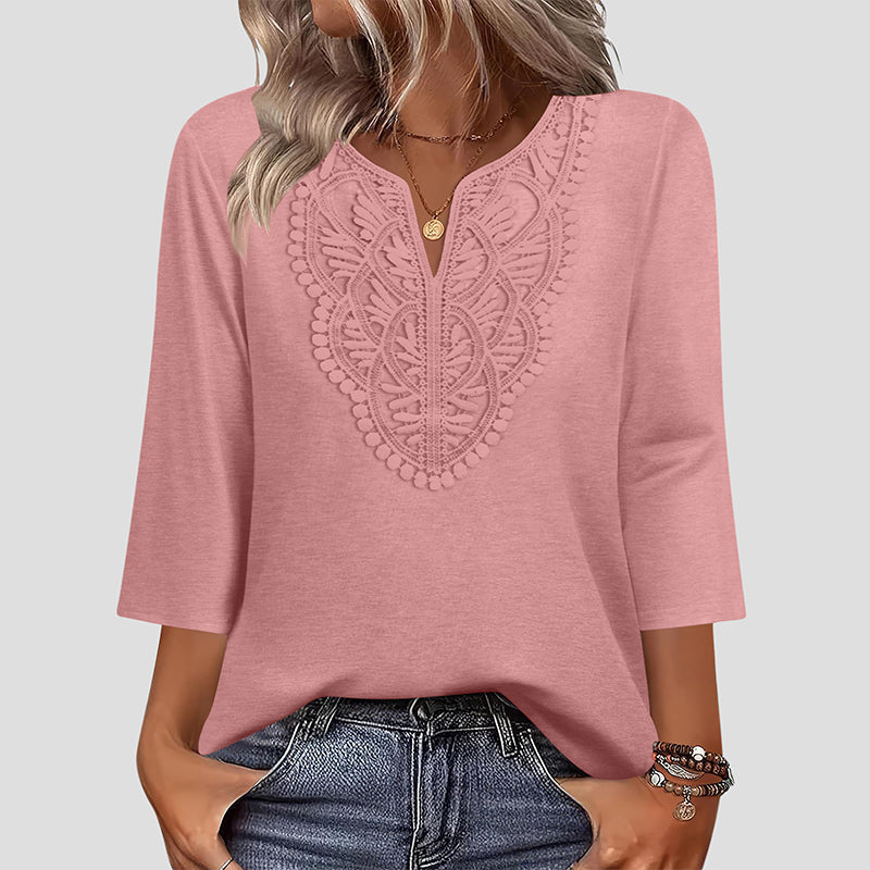 ☀️👚Top Pick - Lace-Trim V-Neck Blouse – Breathable Fabric &amp; Flattering Drape for Work or Weekend 🌿