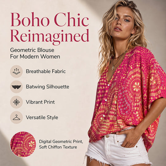 Trending Now⭐👚 Boho Print Batwing Sleeve Top – Flowing V-Neck &amp; Effortless Bohemian Style