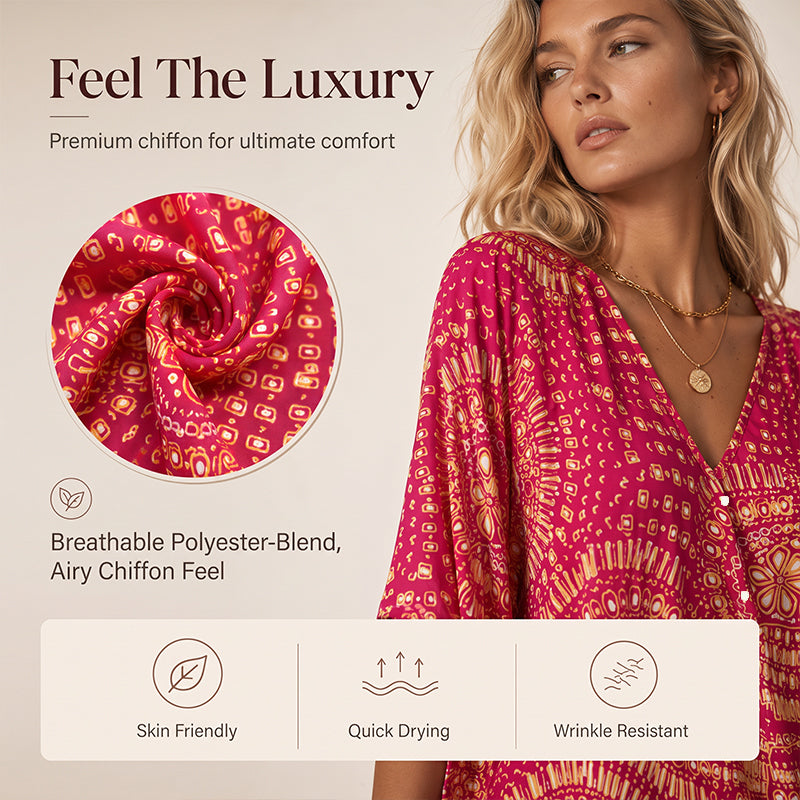 Trending Now⭐👚 Boho Print Batwing Sleeve Top – Flowing V-Neck &amp; Effortless Bohemian Style