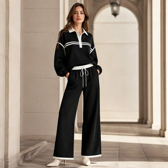 Trending Now👚👖 Striped Patchwork Hoodie &amp; Wide-Leg Pants Set – Relaxed 2-Piece for Effortless Street Style