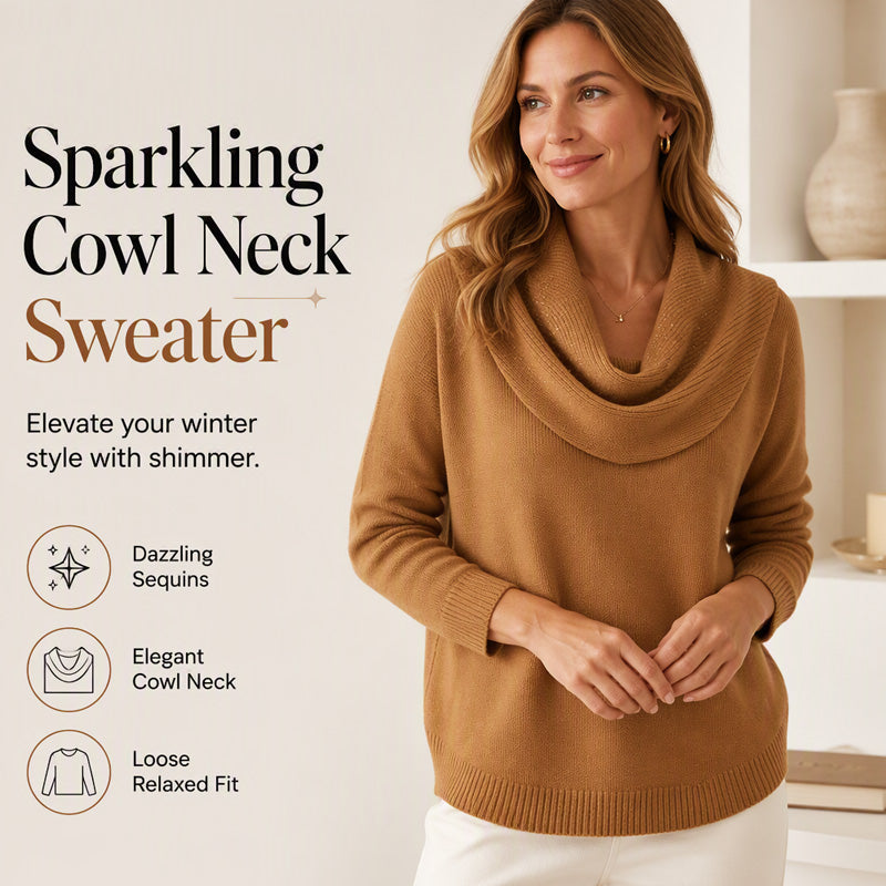 👚New Arrivals - Sequin Cowl Neck Pullover – Soft Ribbed Cuffs &amp; Elegant Drape for Any Occasion 🌿