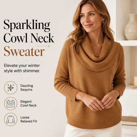 👚New Arrivals - Sequin Cowl Neck Pullover – Soft Ribbed Cuffs &amp; Elegant Drape for Any Occasion 🌿