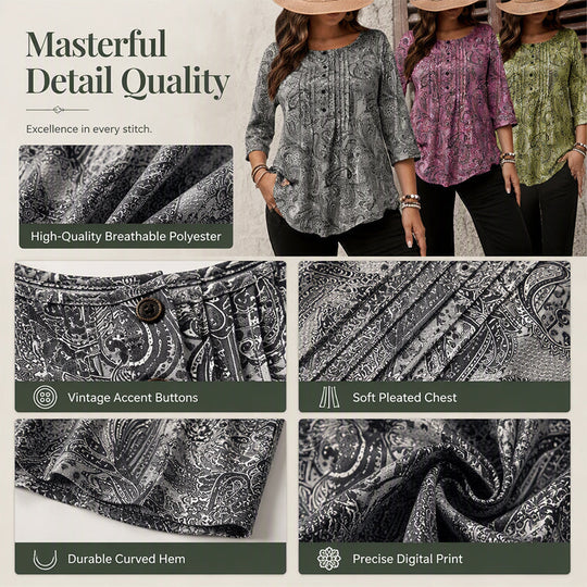 Plus-Size Paisley Blouse – Loose Fit &amp; Curved Hem Design