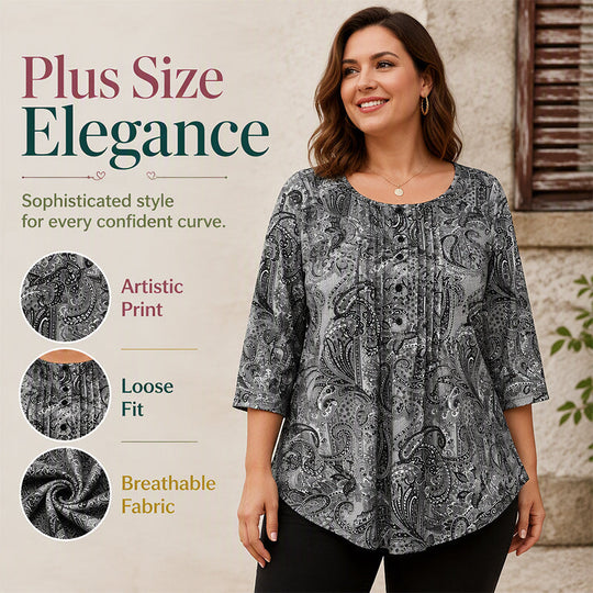 Plus-Size Paisley Blouse – Loose Fit &amp; Curved Hem Design