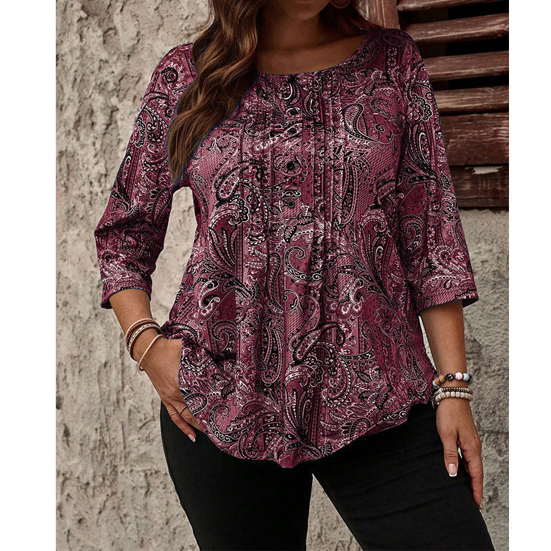 Plus-Size Paisley Blouse – Loose Fit &amp; Curved Hem Design