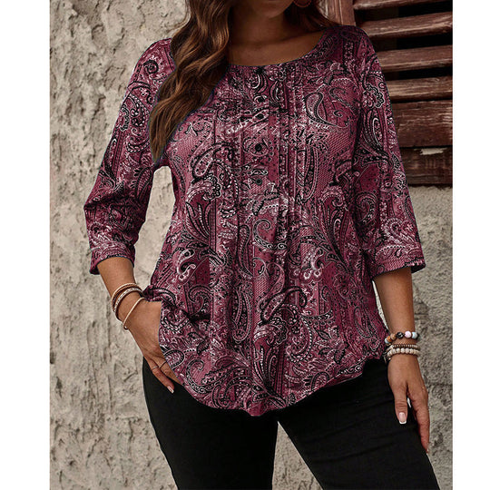 Plus-Size Paisley Blouse – Loose Fit &amp; Curved Hem Design