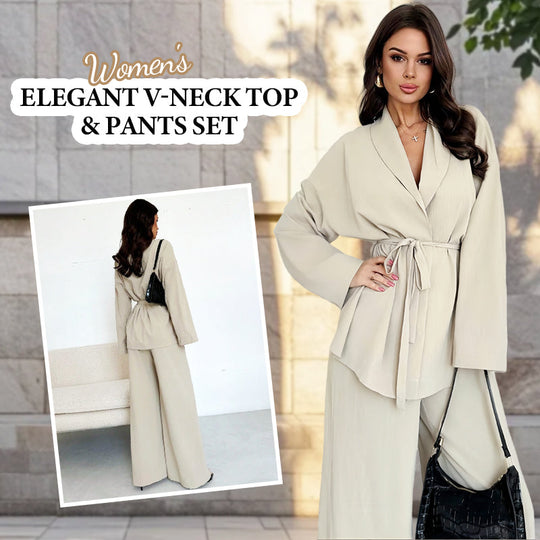 ✨50% OFF!Women’s Elegant V-Neck Top &amp; Wide-Leg Pants 2-Piece Set