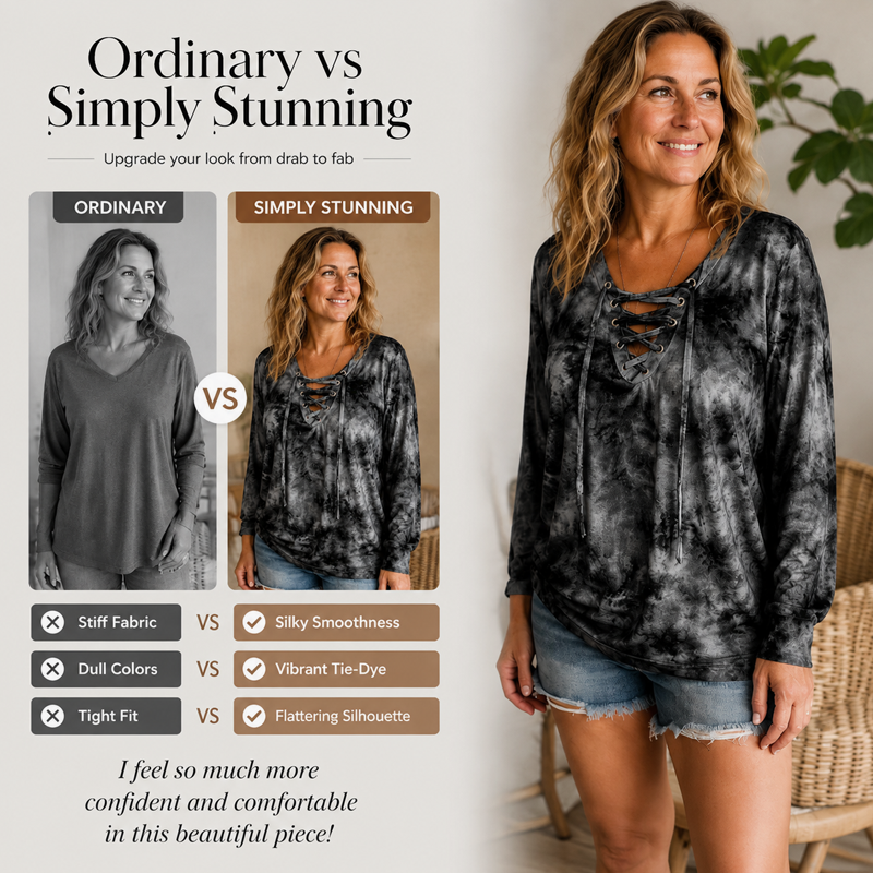 ☀️👚New Arrivals - V-Neck Tie-Dye Top with Lace-Up Detail – Soft Drape &amp; Versatile Style for Any Casual Day