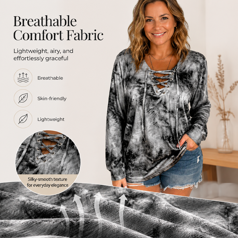 ☀️👚New Arrivals - V-Neck Tie-Dye Top with Lace-Up Detail – Soft Drape &amp; Versatile Style for Any Casual Day