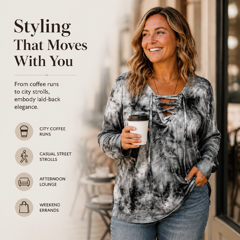 ☀️👚New Arrivals - V-Neck Tie-Dye Top with Lace-Up Detail – Soft Drape &amp; Versatile Style for Any Casual Day