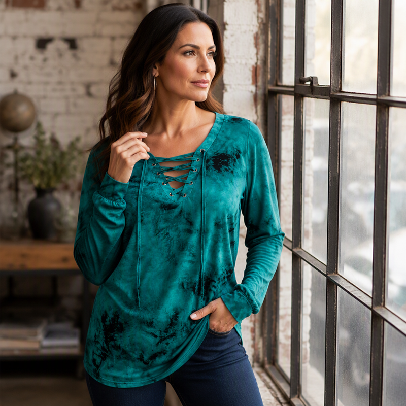 ☀️👚New Arrivals - V-Neck Tie-Dye Top with Lace-Up Detail – Soft Drape &amp; Versatile Style for Any Casual Day