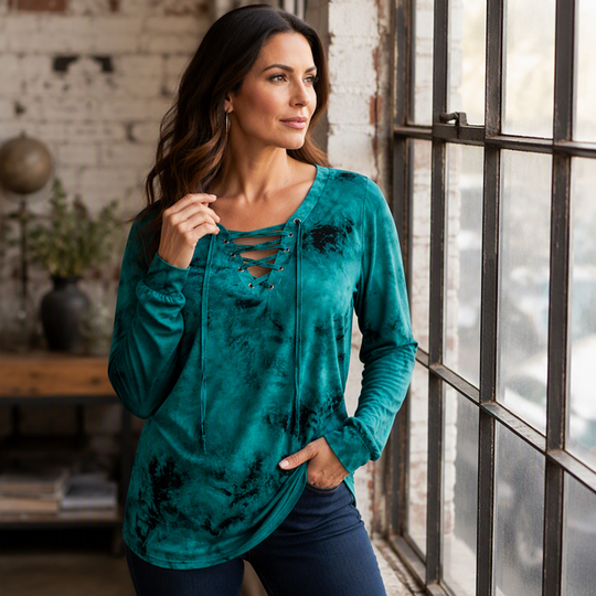 ☀️👚New Arrivals - V-Neck Tie-Dye Top with Lace-Up Detail – Soft Drape &amp; Versatile Style for Any Casual Day