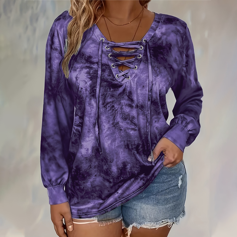 ☀️👚New Arrivals - V-Neck Tie-Dye Top with Lace-Up Detail – Soft Drape &amp; Versatile Style for Any Casual Day