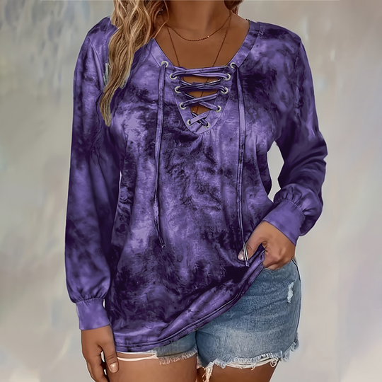 ☀️👚New Arrivals - V-Neck Tie-Dye Top with Lace-Up Detail – Soft Drape &amp; Versatile Style for Any Casual Day