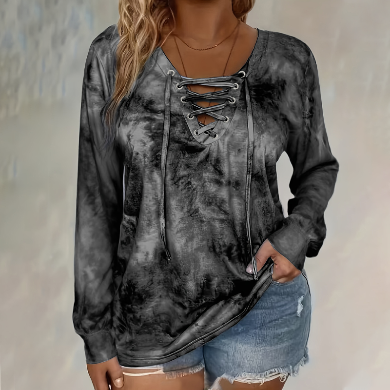 ☀️👚New Arrivals - V-Neck Tie-Dye Top with Lace-Up Detail – Soft Drape &amp; Versatile Style for Any Casual Day