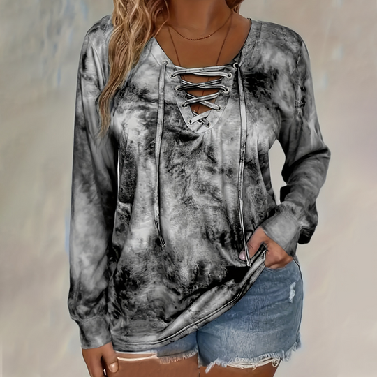 ☀️👚New Arrivals - V-Neck Tie-Dye Top with Lace-Up Detail – Soft Drape &amp; Versatile Style for Any Casual Day